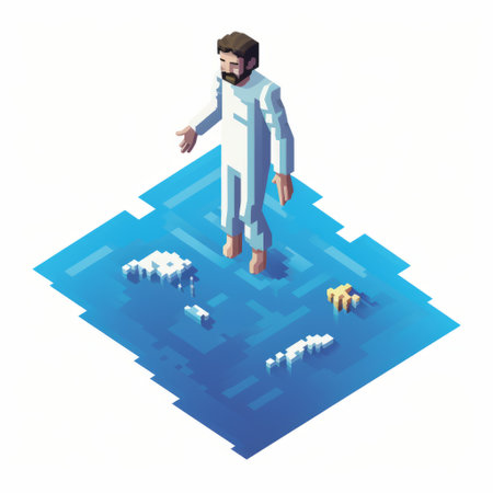 jesus stands on the ocean, surrounded by a beach in this voxel art installation. the isometric perspective and interactive elements create a space-age feel. with a white background and birds-eye-view, rectangular fields add depth to the scene. ai generatedの素材