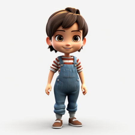 isabella, a 3d rendered cartoon character, is depicted wearing overalls and sporting short hair. the image showcases her full body against a white background. ai generatedの素材