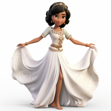 the princess of medusa is depicted in this photo wearing a white dress, reminiscent of disney animation. the dress has a light bronze hue, and the image is captured in high resolution. the princess is portrayed in a multicultural context, with a cartoon mise-en-scene. the overall effect is smooth, shiny, and reminiscent of the velvia style. ai generatedの素材