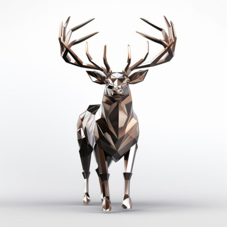 large deer standing in front of a white surface, showcasing technological symmetry. the dark silver and bronze tones enhance the sharp perspective angles, while the hard surface modeling highlights the innovative techniques used. the mechanical designs and faceted shapes add a unique touch to this captivating image. ai generatedの素材