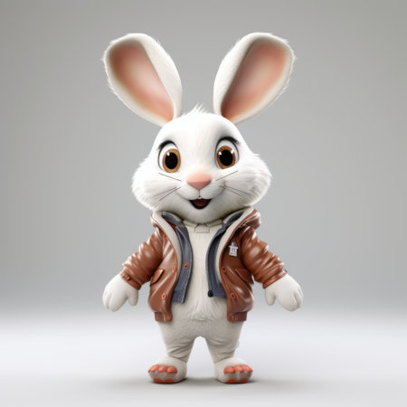 a 3d cartoon rabbit with a charming realism is depicted in this image. the rabbit's coat is prominently displayed, showcasing a unique blend of white and amber colors. created using unreal engine 5, this character design draws inspiration from celebrity and pop culture references, with a touch of indian pop culture influence. the rabbit's leatherhide adds an inventive element to its overall appearance. ai generatedの素材