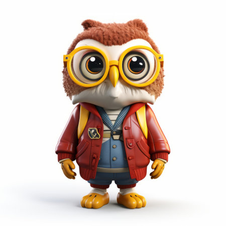 a 3d model of a little owl wearing glasses, perfect for printing and design. this adorable character is inspired by the style of bill gekas and action-packed cartoons. with maroon and amber colors, it stands out as an isolated figure. reminiscent of the vancouver school, this charming illustration showcases vivid and saturated colors. ai generatedの素材