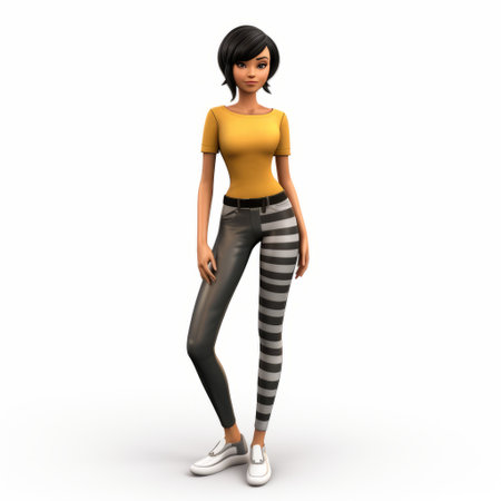 a female 3d model, inspired by dc comics, is depicted in realistic lifelike form. she is seen holding a yellow cup while wearing striped pants. the color scheme of the model's outfit consists of light beige and black, with vibrant color-blocking. the overall style is texture-based and street-savvy, showcasing a trendy and color-blocked aesthetic. ai generatedの素材