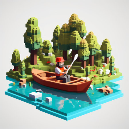 a flat style illustration of a man in a canoe, created in the style of voxel art. this 2d fishing art showcases a pastoral scene with sculptural landscapes and detailed character design. inspired by the works of yanjun cheng and gustave buchet, this illustration captures the essence of three-dimensional puzzles. ai generatedの素材