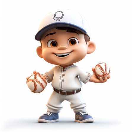 a character from a baseball animated series is depicted in this photo, holding a baseball bat and two balls. created in the style of daz3d, the character exudes childlike innocence and charm. the character is dressed in a white and navy outfit, representing hispanic heritage. the detailed sculpting and shiny eyes add to the overall appeal of the character. ai generatedの素材