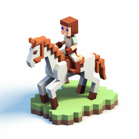 a 3d voxel art depiction of a woman riding a horse, surrounded by other figurines. the design features clean and simple white and brown elements, with an emphasis on character design. the blocky style and use of common materials create an earthy and visually appealing composition. ai generatedの素材