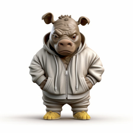 a 3d rendering of a cartoon pig in a hip-hop style, featuring a dark white and bronze color scheme. this artwork by sacha goldberger showcases carved animal figures with a normcore aesthetic. the intense emotional atmosphere is reminiscent of the works by alex petruk ape. ai generatedの素材