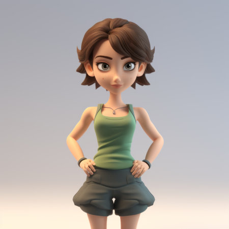sophie, a 3d rendered plastic cartoon character, is depicted wearing a tank top and sporting short hair. the image showcases her full body against a white background. ai generatedの素材