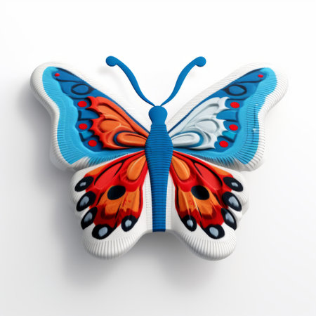 3d butterfly for promotional projects, featuring a blue color palette and inspired by folk art illustrations. this surrealistic ceramic sculpture, reminiscent of jacek yerka's style, showcases a combination of light red and light orange hues. the artwork is characterized by thick brushstrokes and photorealistic details, making it a captivating and unique single object. ai generatedの素材