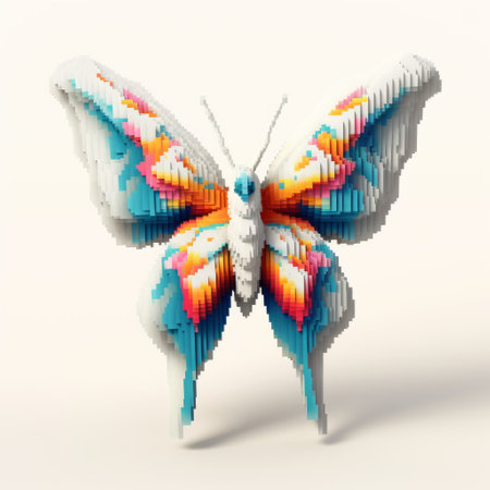 pixel butterflies from the pixelpunk collection, featuring sculpted impressionism style. these hyper-detailed and realistic renderings are presented as minimalist sculptures. the uhd image showcases simple yet colorful illustrations, highlighting the organic sculpting techniques and the strong use of vibrant colors. ai generatedの素材