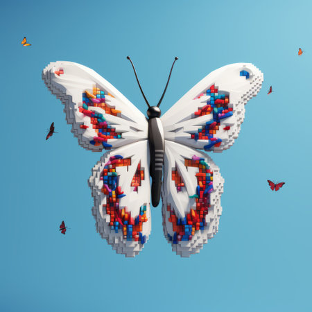 a colourful butterfly perches gracefully against a vibrant blue sky in this voxel art style illustration. the intricate details and vibrant colors bring the butterfly to life, showcasing the talent of the artists behind this conceptual embroidery. rendered in cinema4d, the fragmented advertising and pixelation add a unique touch to the overall design. ai generatedの素材