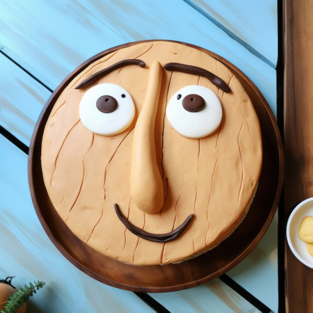 a cake with a face on it and bowls of food are showcased in this photo. the cake features a unique design resembling layered veneer panels, reminiscent of traditional animation. the composition combines natural and man-made elements, creating an algeapunk aesthetic. the emphasis is on the expressive facial features, while the color palette consists of light brown and sky-blue tones, enhancing the wooden elements. aiの素材