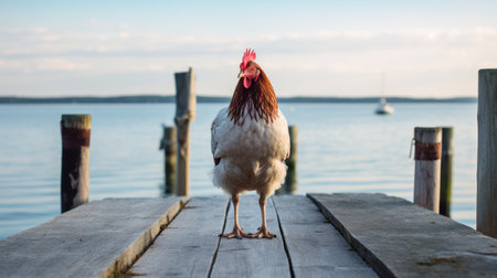 a rooster stands confidently on a dock, its emotive body language capturing attention. the forced perspective adds depth to the image, while the light white and light red hues create a striking contrast. this captivating photograph, captured by tyler walpole, offers a thought-provoking critique of consumer culture and explores the suffolk coast views. ai generatedの素材