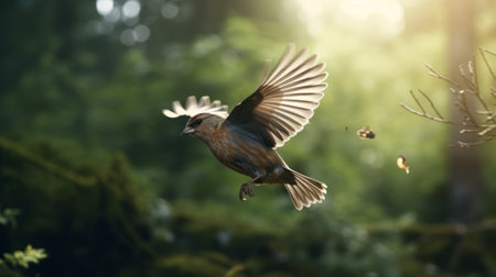 a stunning photograph capturing a bird basking in the sunlight, rendered in cinema4d with meticulous attention to detail. the image showcases a multilayered realism, boasting an impressive 8k resolution. this precisionist artwork, a contest winner, presents a mesmerizing uhd image, where the bird's beauty is enhanced by its composition made entirely of insects. ai generatedの素材