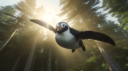 a penguin picture of the day, featuring a rendered image in the style of unreal engine. this movie still captures explosive wildlife amidst beautiful scottish landscapes. the light-filled scenes highlight the playful character design inspired by the quito school. ai generatedの素材