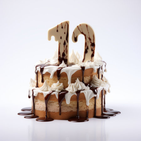 a 910 cake with chocolate icing and frosting, featuring a light white and brown style of melting, futurist claims, happenings, ivory, 21st century, and domestic intimacy. ai generatedの素材