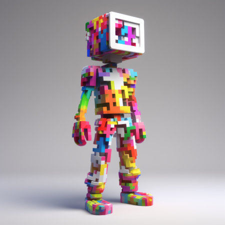 a three-dimensional polygonal character from pixel art, showcasing a colorful graffiti-like style. this vibrant image, created with vray tracing, embodies abstract minimalism and appeals to those who appreciate bold color experimentation. with its skeletal design and ultra-high-definition quality, this artwork is perfect for robotics enthusiasts and kids alike. ai generatedの素材