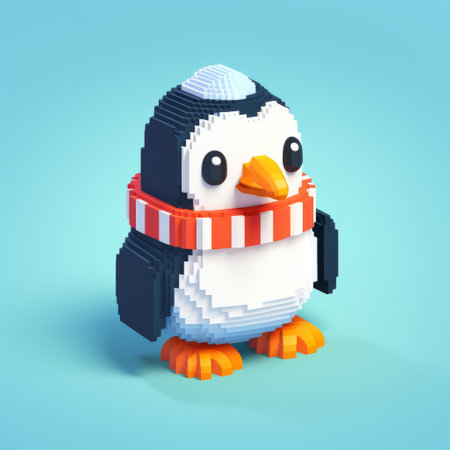 a penguin wearing an orange scarf and hat stands out in this voxel art style. the detailed character illustration showcases adorable toy sculptures with a mix of dark white and sky-blue colors. the colorful animations bring life to the characterful animal portraits, all presented in clean and simple designs. ai generatedの素材