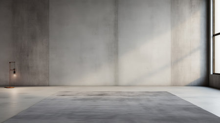 an empty room with a light gray rug, showcasing the concrete brutalism style. the room is intentionally designed with a backlight, creating a canvas-like atmosphere. it embodies the concepts of cleancore, zen minimalism, and industrial inspiration, juxtaposing raw and finished elements. ai generatedの素材