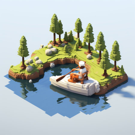 a 3-dimensional rendered image of a boat floating in a lake. the image showcases detailed character illustrations in a playful and bucolic landscape. the boat is depicted in voxel art style, with a combination of white and orange colors. the overall design exudes a sense of wilderness and features rounded and whimsical character designs. ai generatedの素材