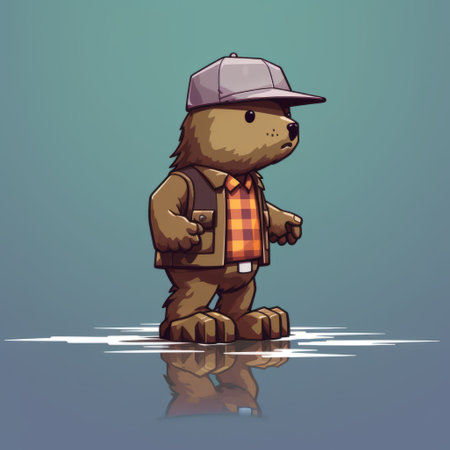 a cartoon character wearing a plaid hat stands in a watery area, showcasing urban minimalism. this characterful animal portrait combines elements of scumbling, weathercore, and the color brown. the style is reminiscent of the nabis movement, with a shiny finish. ai generatedの素材