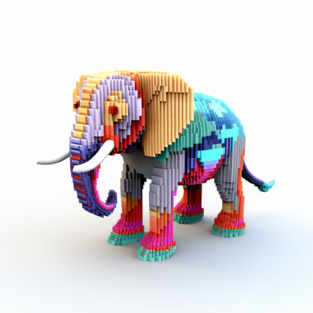 a vibrant and surrealistic 3d model of an elephant, inspired by the colorful compositions of george catlin. this uhd image captures the intricate details of the lego elephant, created by john mckinstry and elke vogelsang. the representation of the elephant combines both realistic and surreal elements, making it a captivating piece of art. ai generatedの素材