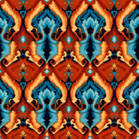 a vibrant fabric showcasing a captivating art nouveau decorative style. the pattern features a striking combination of red, blue, and turquoise hues, reminiscent of ottoman art. inspired by folklore and intricate carving, this design incorporates pattern-based painting techniques, resulting in a visually stunning and unique piece. ai generatedの素材