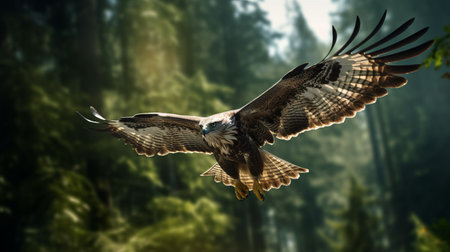 a majestic eagle soars gracefully through a dense forest, its wings outstretched against the backdrop of towering trees. this backlit photograph captures the essence of nature's beauty, with a touch of multilayered realism and a matte finish. the image exudes a soft-focused realism reminiscent of the works of salvator rosa, while the use of hdr and whistlerian techniques adds depth and vibrancy to the scene.の素材