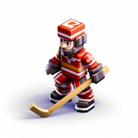 a pixelated image of a tv hockey player, showcasing detailed character design in the style of voxel art. the image features light red and light gray tones, created using unreal engine 5. the character design is bold and manga-inspired, with streamlined forms and bold structural designs. ai generatedの素材
