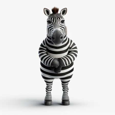a zebra character with horns stands on a white background in this rendered image created in cinema4d. the character's emotive gestures and foreshortening techniques add depth to the composition. the darkly comedic tone is enhanced by the thick texture and bold stripes of the zebra. this image is available under a creative commons attribution license. ai generatedの素材