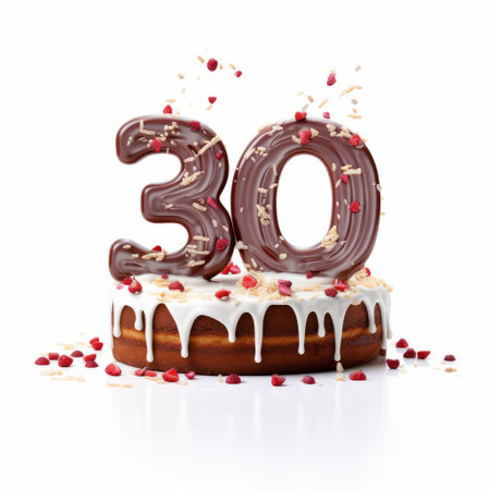 30th birthday cake with vanilla frosting and pomegranate decorating, inspired by the artistic style of mike campau. the cake is beautifully poured with a dark amber and brown color, reminiscent of the work of oliver wetter. captured in a photograph by smilecore, the image showcases the intricate details and artistry of the cake, evoking the creativity of georg jensen. ai generatedの素材