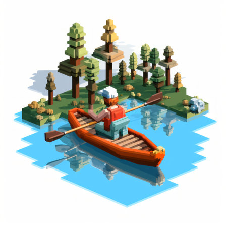 a pixelated seascape featuring a man canoeing on the waves amidst a forest surrounding him. this artwork is created in the style of isometric, 2d game art, and is reminiscent of interactive exhibits and villagecore aesthetics. the composition is presented on a shaped canvas and is an illustration by the talented artist evgeni gordiets. ai generatedの素材