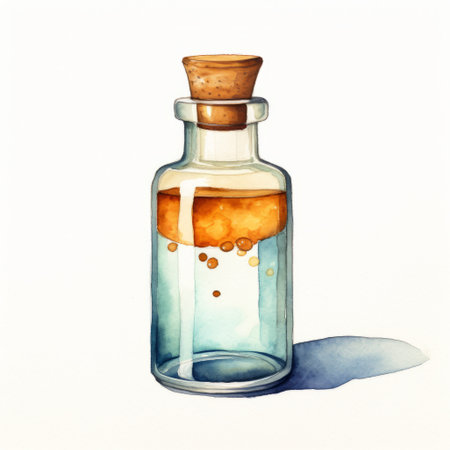 a realistic watercolor illustration of a clear glass bottle containing orange liquid. the artwork showcases a chemical reaction, with indigo and gold accents. the fantasy-inspired illustration features meticulous attention to detail, including dotted elements. ai generatedの素材