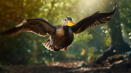 a brown-headed duck gracefully soars through the air above a picturesque forest trail. the image captures the essence of emotive storytelling techniques, with a mastery of light and contrasting shades of dark gray and gold. the unique style, reminiscent of avocadopunk, is enhanced by a subtle lens flare. this stunning photograph evokes the artistic influences of adrianus eversen and the cutting-edge technology of unreal engineの素材