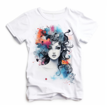 a toddler girl t-shirt featuring a vibrant and abstract artwork inspired by the style of zena holloway. this fashion illustration showcases detailed character designs with elegant and emotive faces. the artwork is created using a silkscreen technique, combining a mix of masculine and feminine elements. ai generatedの素材