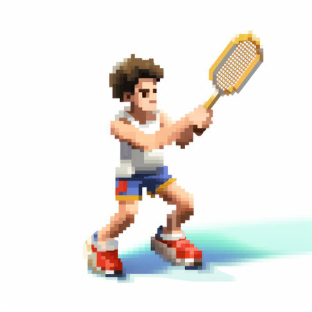 a pixel tennis player, holding a racket, stands on a white background. this artwork combines elements of old master influenced fantasy and realistic lighting, reminiscent of the 1970s. the image is sharp, prickly, and exudes a dynamic and action-packed vibe. with its realistic hyper-detail, it captures the essence of cabincore aesthetics. ai generatedの素材