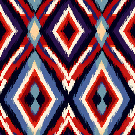 an ornamental zigzag pattern in red, blue, and green colors, reminiscent of indigo and crimson, showcases attention to texture in fur and feathers. the design incorporates light beige and navy hues, drawing inspiration from mesoamerican influences. punctured canvases and the use of fabric add depth to this bold and vibrant color scheme. ai generatedの素材