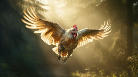 a rooster with wings spread wide flies in the sky, showcasing the vibrant colors of its feathers. this fine art photograph captures the atmospheric woodland setting, with sunrays illuminating the scene. the photo-realistic techniques used in this image create a visually stunning portrayal of the rooster's lively movement. ai generatedの素材