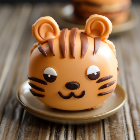 cupcake toppers, including a tiger-shaped cupcake, are displayed on a plate. the design is inspired by the artistic styles of oleksandr bogomazov and maurice sendak, combining strong facial expressions with a kawaii chic aesthetic. the photo is captured in stunning 8k resolution, with selective focus highlighting the intricate details. chuah thean teng's influence can also be seen in the composition. ai generatedの素材