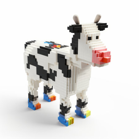 a lego cow with a colorful face, featuring a realistic and detailed rendering. the cow is predominantly light white and light black, with bright color blocks adding a vibrant touch. the design incorporates biomorphic elements and intertwining materials, resulting in a visually captivating creation. photographed using fujifilm velvia for enhanced colors. ai generatedの素材