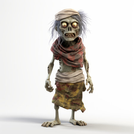 an adorable skeleton in a red and yellow dress of an old woman stands out in this zbrush-style artwork. the desertpunk and xbox 360 graphics add a unique touch to the creased, crinkled, and wrinkled dress. with a wandering eye, the skeleton seems to be exploring indian scenes against a clean white background. ai generatedの素材