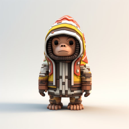 a chimpanzee wearing a hood sits in space, depicted in a playful voxel art style. the artwork showcases intricate details such as vray tracing, aztec art influences, and polychrome terracotta-inspired colors. the image captivates with its complex layers and textures, while maintaining a childlike simplicity. ai generatedの素材