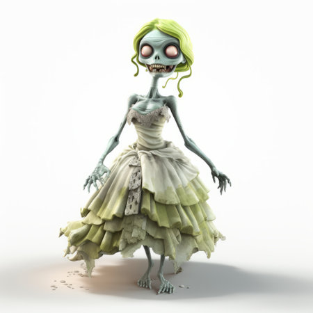 a zombie in a dress stands on a white background, rendered in maya. the cartoon mis-en-scene features light white and light emerald colors, with low resolution and caricature faces. the haunting figuratism is enhanced by the use of rtx technology. ai generatedの素材