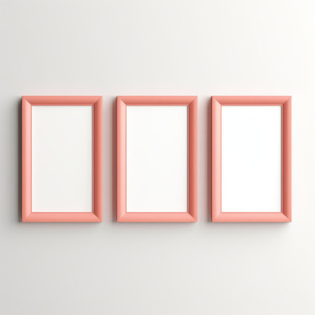 three empty pink frame squares on a white background, featuring light orange and light gray tones. these photorealistic renderings showcase asymmetrical framing and elongated shapes. the realistic still lifes are enhanced with screen tones, creating a vibrant and visually appealing composition. ai generatedの素材