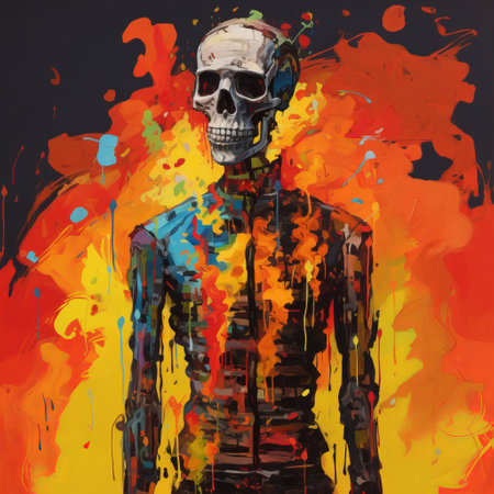 a skeleton, adorned with vibrant paint splatters, stands prominently in front of it. the artwork showcases a fusion of styles, including figurative expressionism, hyper-realistic pop, and hard edge painting. the color palette consists of striking red and amber hues, complemented by dark orange and light cyan accents. the highly detailed figures add depth and intricacy to the composition. ai generatedの素材