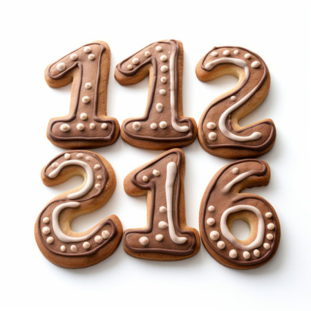 large cookie decorated with numbers 1111, in trompe l'oeil style, on a white background. this brown cookie features curvilinear forms and is captured in an associated press photo. ai generatedの素材