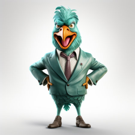 a quirky and playful cartoon bird wearing a suit, inspired by the highly realistic style of eugene leroy. this unique character combines elements of aquamarine, corporate punk, and the artistic flair of franciszek starowieyski. ai generatedの素材