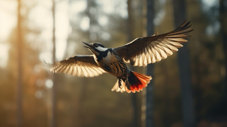 a bird in flight, showcasing its wings spread out gracefully against a vibrant backdrop. this captivating image captures the essence of nature with its dark brown and orange hues, complemented by light beige and red tones. the photo, taken with a voigtlander bessa r2m camera, exudes a forestpunk aesthetic and is bathed in beautiful, light-filled scenes. the technique of back button focus adds to theの素材