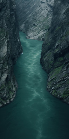 a river flows through a picturesque valley, encircled by majestic mountains. this dark aquamarine, swiss-style photograph captures the serene beauty of the landscape. the matte finish adds a touch of elegance, while the high-angle perspective showcases the intricate details of the scene. the atmospheric portraits evoke a sense of realism, reminiscent of the works of even mehl amundsen, known for his hyper-detailed artwork. ai generatedの素材