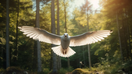 a white bird gracefully soars through the tree canopy, captured in a powerful symbolic image. the use of tilt-shift lenses enhances the ethereal quality, with light gray and amber tones adding to the mesmerizing effect. this eco-friendly craftsmanship showcases the beauty of norwegian nature, while the bird's graceful poses evoke a sense of tranquility. photograph by mitch griffiths. ai generatedの素材